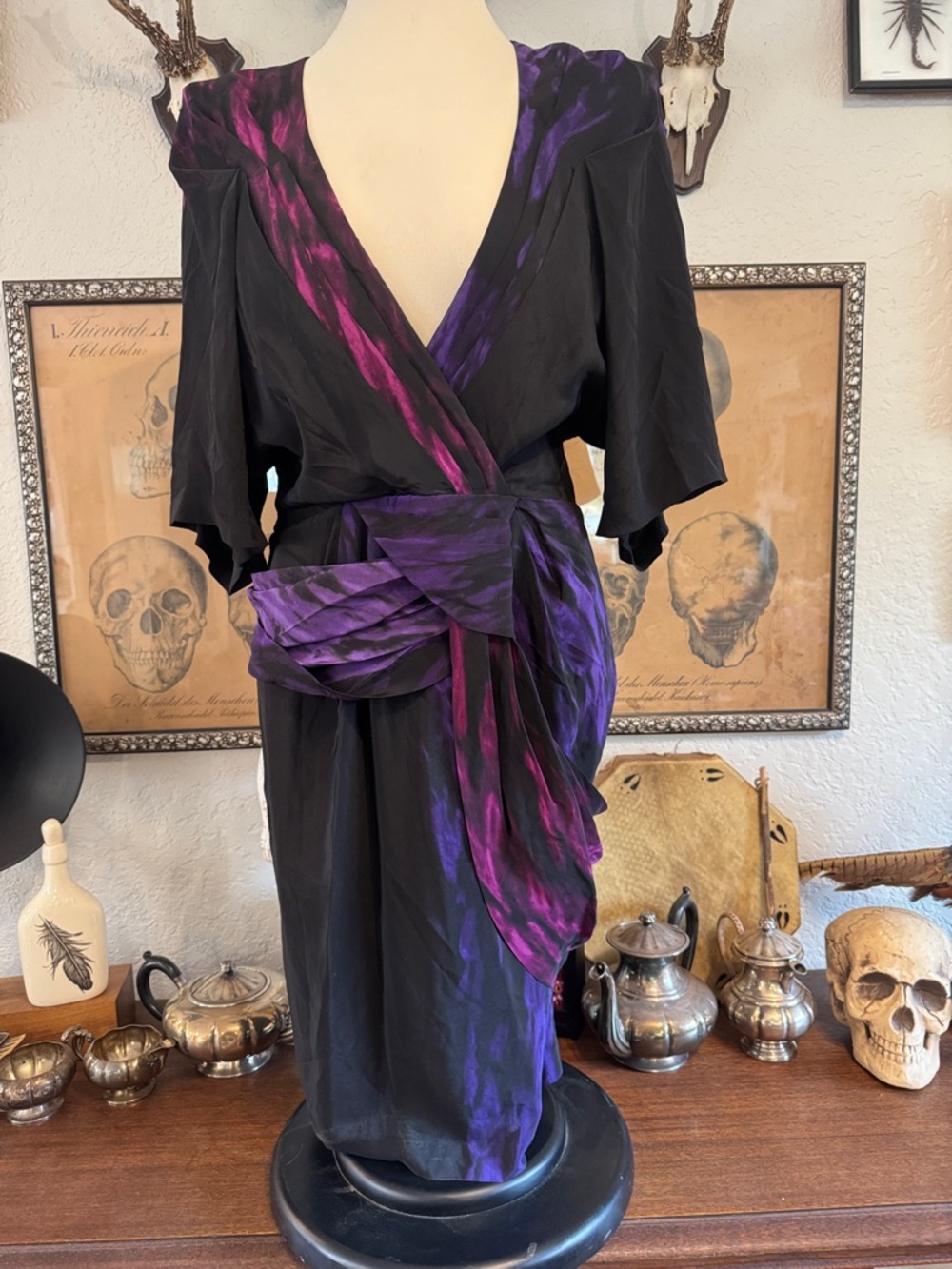 100% Silk BCBG MaxAzria Runway Black Midi Dress with Purple and Magenta Draping